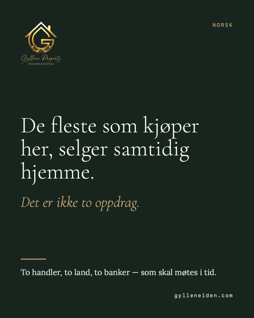 Å selge hjemme og kjøpe her er to handler som må møtes. De fleste undervurderer mellomrommet. Boligen hjemme er solgt, den her er ikke klar, og pengene står stille i tre måneder. Vi selger boliger på Costa del Sol. Salget hjemme håndteres av vår svenske kollega — eget selskap, egen lisens — og vi planlegger rekkefølgen sammen.