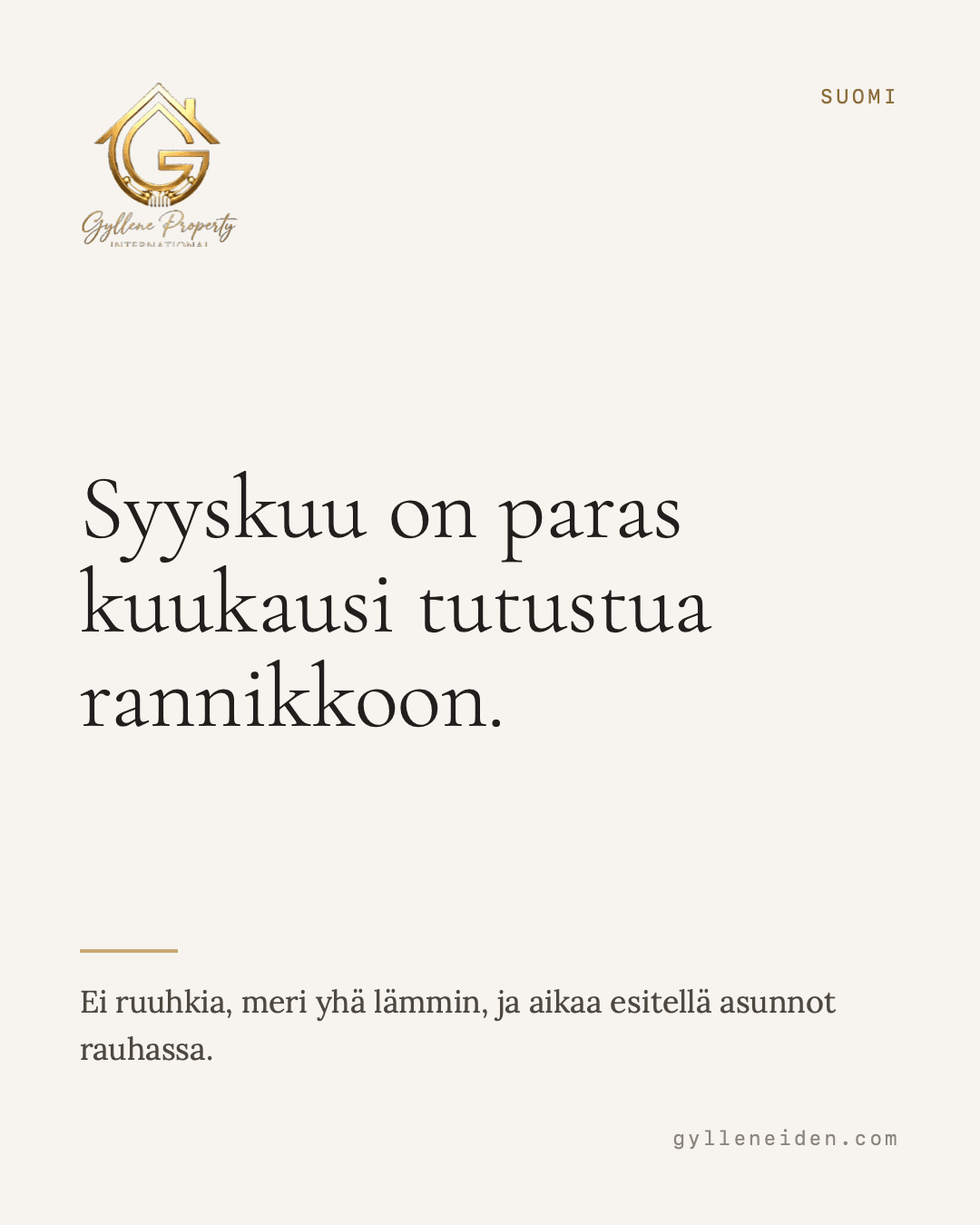 Syyskuu on paras kuukausi tutustua rannikkoon. Kesän ruuhkat ovat ohi, meri on lämmin ja ravintolat auki. Näet alueen sellaisena kuin se on suurimman osan vuodesta, et korkeimmillaan. Myös hinnat käyttäytyvät rauhallisemmin. Syksy on ostajan kuukausi. Costa del Sol — Málaga, Torremolinos, Fuengirola ja Marbella.