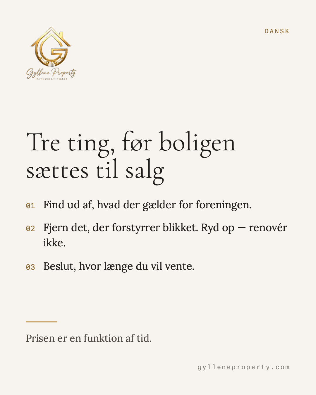 Inden du sælger: tre ting, der flytter prisen mere end en ny køkkenlåge. Lys. Ryd op foran vinduerne og fotografer i det tidsrum, hvor rummet er bedst. Det koster ingenting. Papirerne. Har du dem klar, tør køberen byde hurtigere. Timing. Efteråret er ikke lavsæson. Det er der, de seriøse købere kommer — de andre kigger om sommeren. Vi arbejder i Skåne — Höllviken, Vellinge, Falsterbo og Malmø.