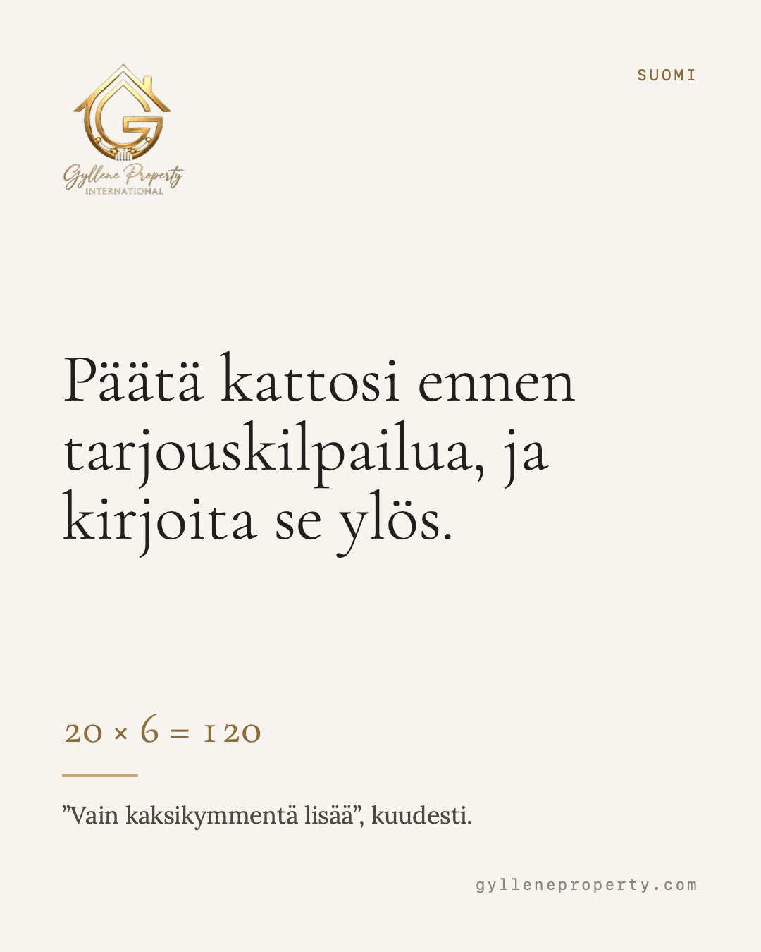 Tarjouskilpailu ei ratkea hinnalla yksin. Myyjä katsoo myös sitä, kuinka varma kauppa on. Onko rahoitus kunnossa. Kuinka nopeasti pääsette allekirjoittamaan. Onko ostajalla oma asunto myymättä. Selvitä rahoitus ennen ensimmäistä tarjousta. Se on usein arvokkaampaa kuin viisi tuhatta euroa lisää. Toimimme Skånessa — Höllviken, Vellinge, Falsterbo ja Malmö.